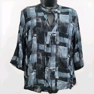 APNY Abstract SemiSheer Blouse Lg Muted Blue/Black Tasseled Popover Lightweight